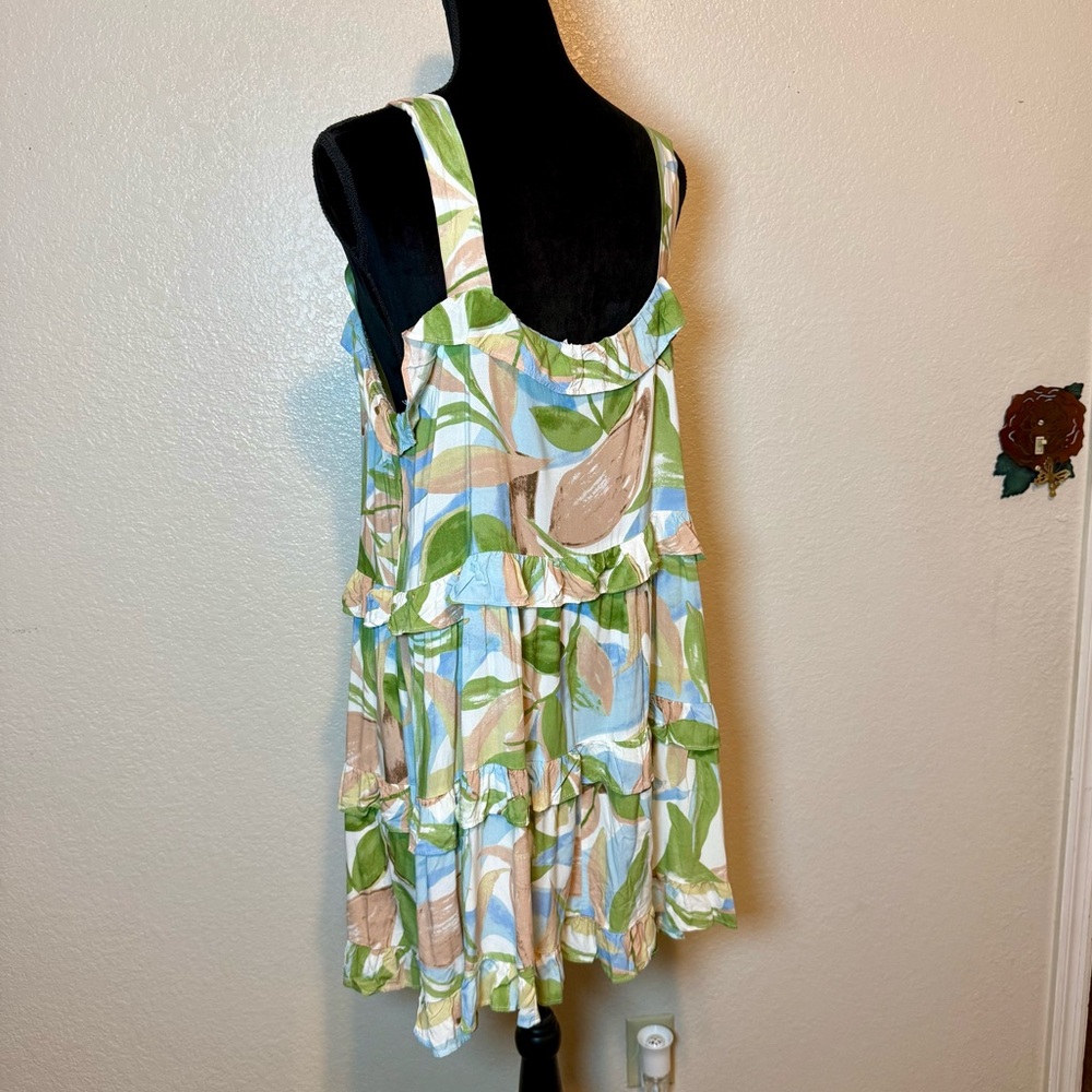 Girl And The Sun Ruffle Sun Dress Watercolor Leaf Print White Green Tan Size XL - Picture 6 of 14
